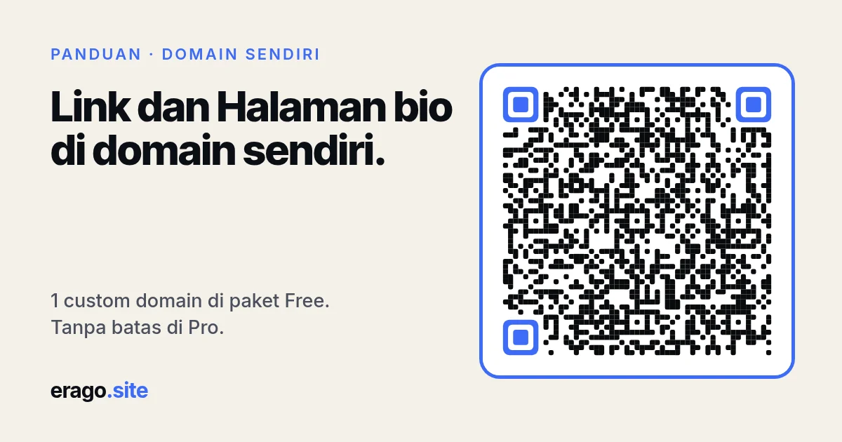 QR code ERAGO bergaya di samping judul: link dan Halaman bio di domain sendiri